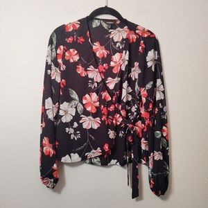 Express Black Floral Faux Wrap Blouse XS